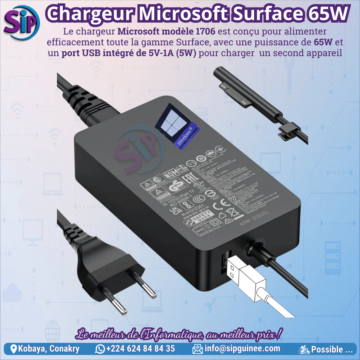Chargeur Microsoft Surface Modèle 1706 - 65W